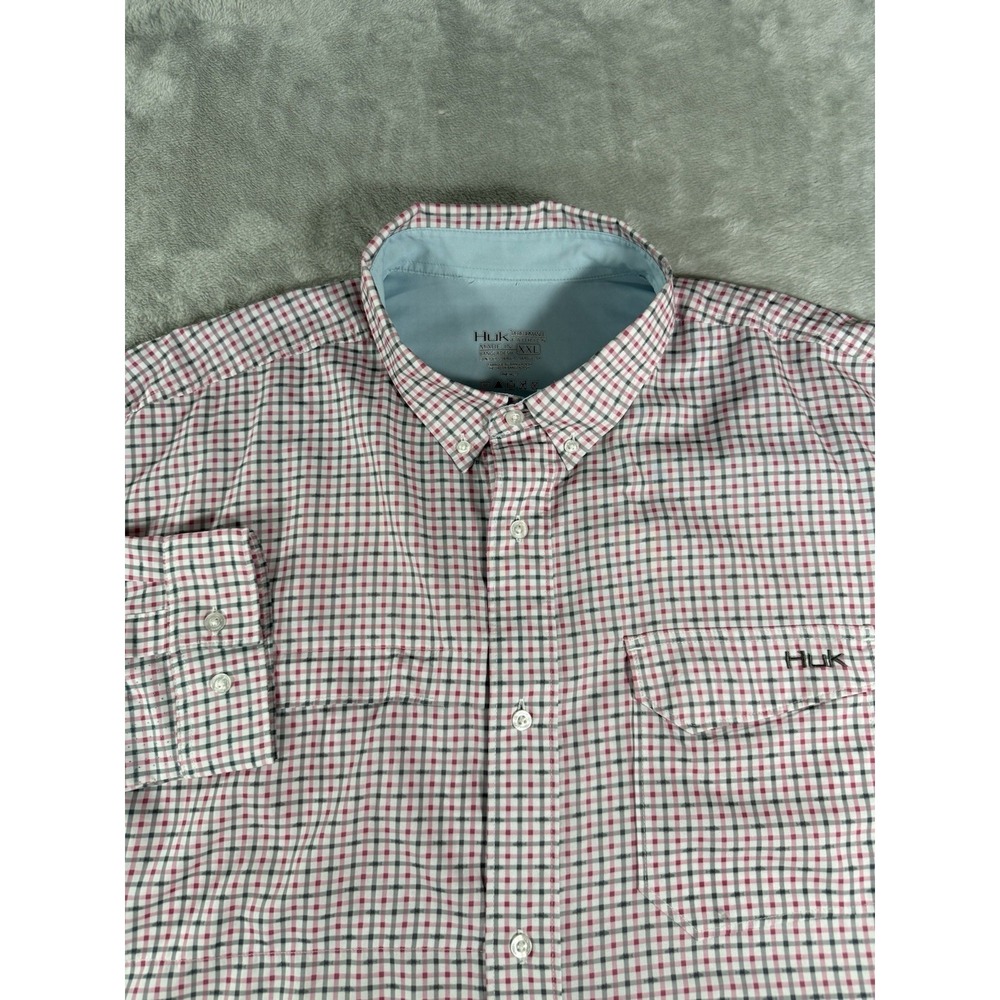 Huk Performance Shirt Mens 2XL Gingham Geometric Fish AOP Long Sleeve Button Up